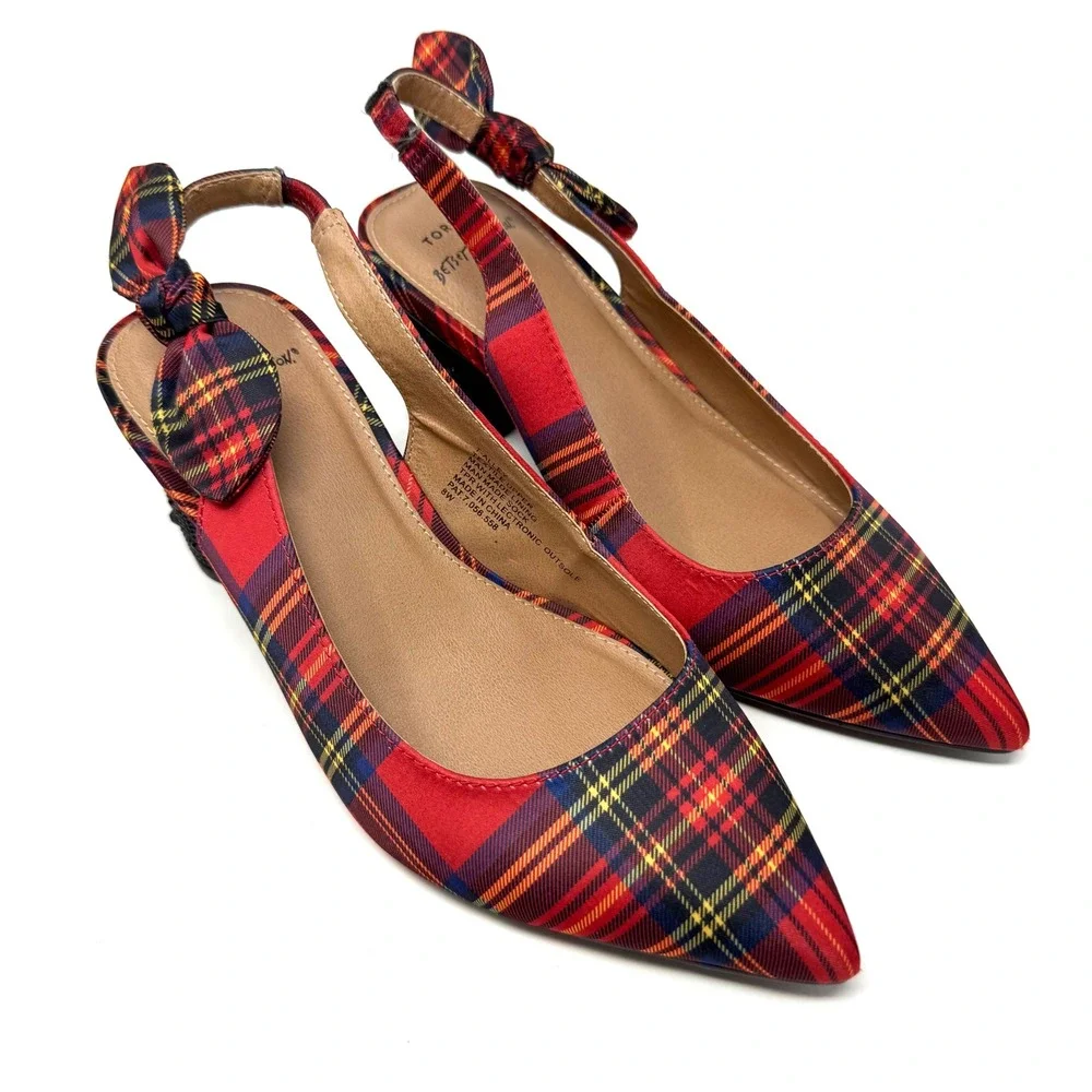 Betsey Johnson Torrid Red Plaid Slingback Block Heels Rhinestone Bow Pumps 8W‎